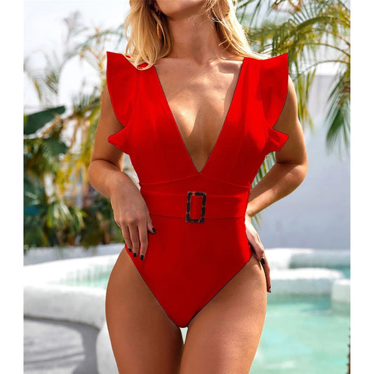 Costum de baie intreg, rosu, cu volane, Lillien C43