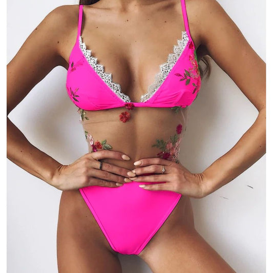 Costum de baie intreg, roz, cu dantela, Minda C52 OUT