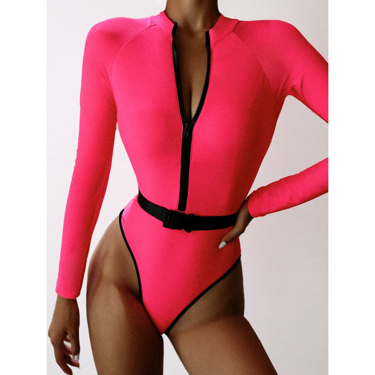 Costum de baie intreg, roz neon, cu maneci, Louann C52