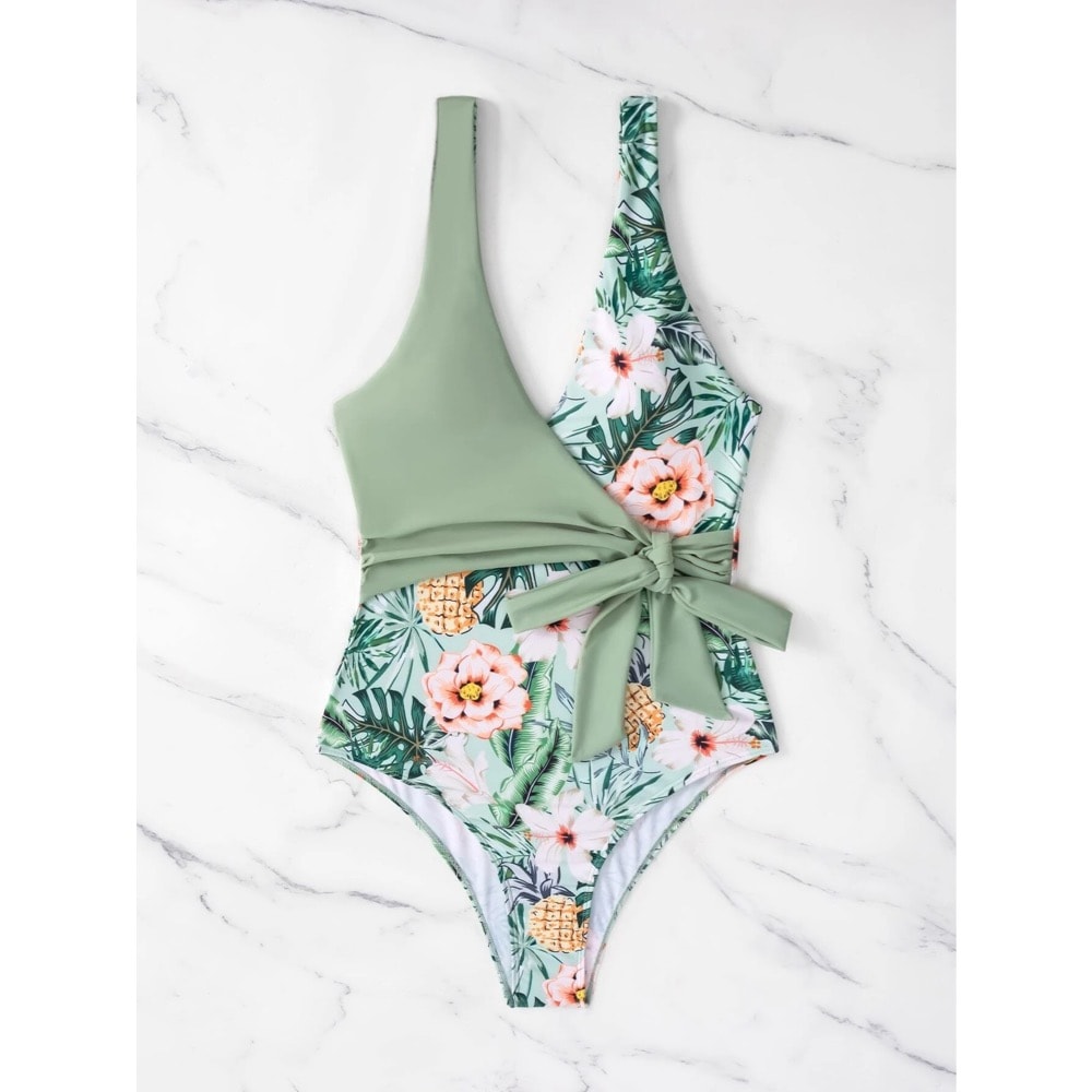 Costum de baie intreg, verde menta, cu imprimeu floral, Freda C58