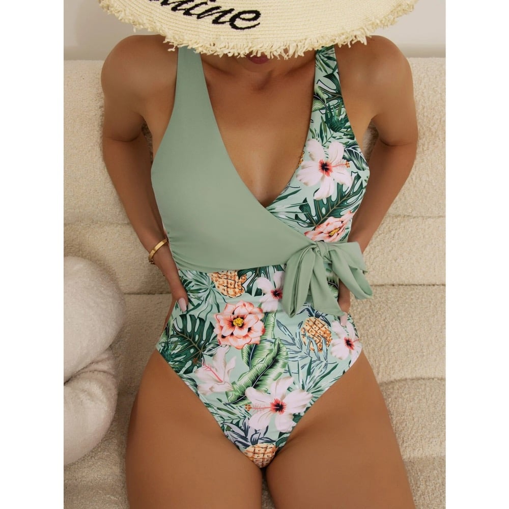 Costum de baie intreg, verde menta, cu imprimeu floral, Freda C58