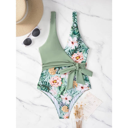 Costum de baie intreg, verde menta, cu imprimeu floral, Freda C58