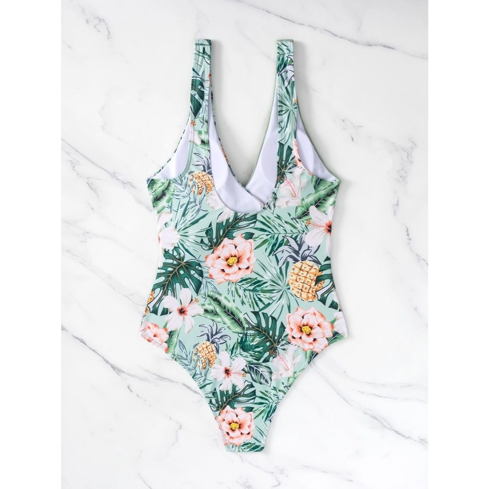 Costum de baie intreg, verde menta, cu imprimeu floral, Freda C58