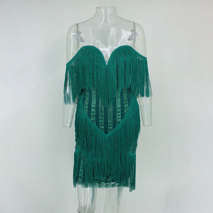 Rochie verde, cu franjuri si sclipici, Chelsie C21