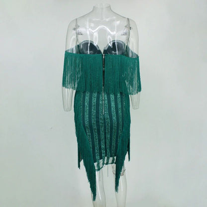 Rochie verde, cu franjuri si sclipici, Chelsie C21